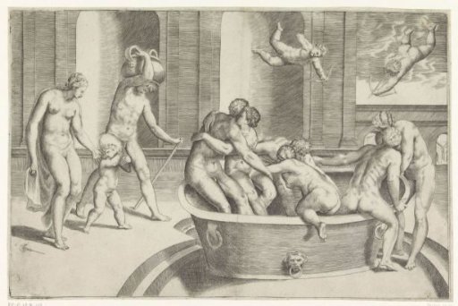 Men and women in a large bath tub