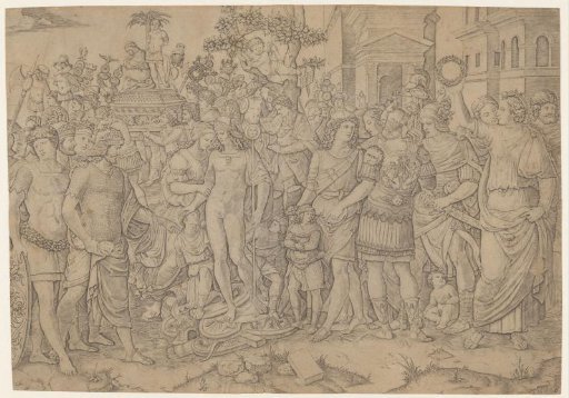 Triumphal procession of a Roman emperor with soldiers and captured armor, 70