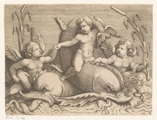 Three putti with dolphins