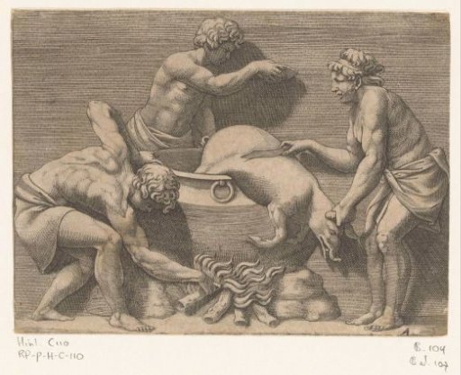 Three men sacrificing a pig