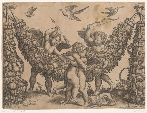 Three putti and a child by a garland