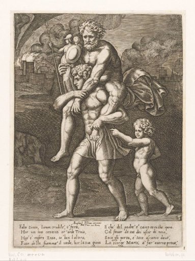 Aeneas and his family flee from Troy