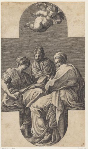 Three Muses and a gesturing putto