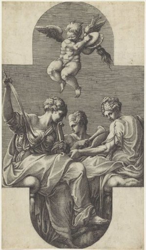 Three Muses and a putto with cymbals