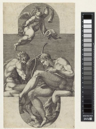 Apollo, Pan and a putto blowing a horn