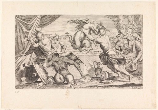 Aeneas and his companions fighting the Harpies