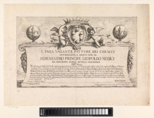 Title print with a coat of arms, flanked on both sides by a putto, on a low wall with text