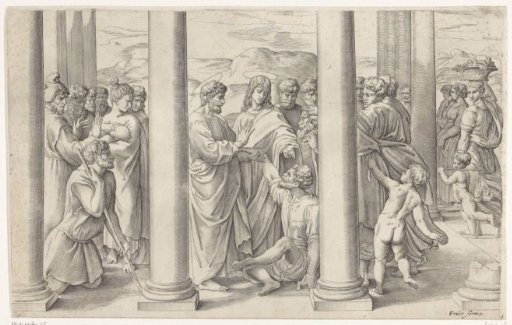 Peter and John healing a lame man at the temple gate