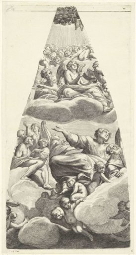 A young saint seated on a cloud with angels
