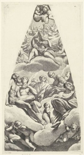 Adam and Eve with saints seated on a cloud