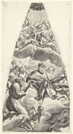 Saint Andrew Avellino and a kneeling saint seated on a cloud