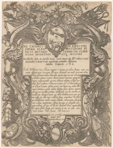 Title print with cartouche containing two winged figures, shields and arms