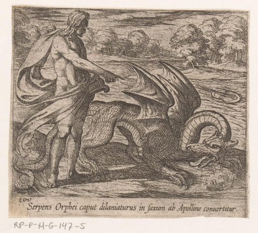 Apollo doodt de draak die het hoofd van Orpheus aanvalt