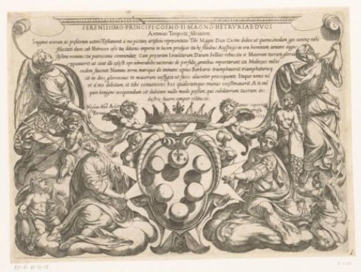 Title Page with Dedication to and Arms of Cosimo II de'Medici and Representations of Justice, Prudence, Glory and Generosity