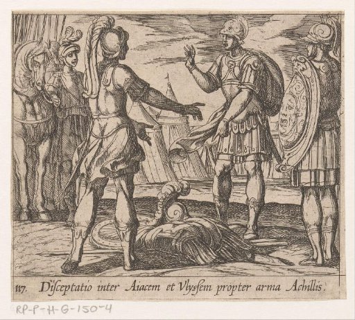 Ajax en Odysseus twisten om de wapens van Achilles