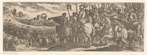 Battle scene with cavalry and trumpeter on a hill