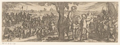 An army marching outside a city