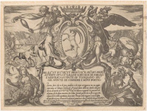 Title page with a coat of arms with a goat, flanked by Fraud and Envy