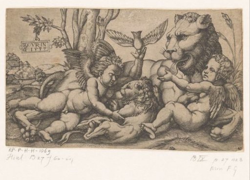 Lion with cub and two putti