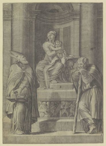 Saint Joseph and a Bishop at an Altar with Mary and Child