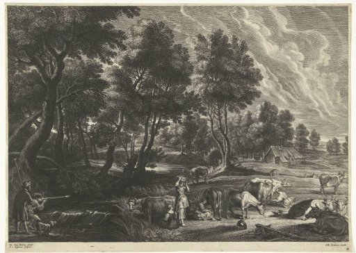 Landscape with milkmaids and cows and hunters