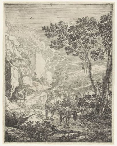 Landscape with two mules before the Rocca Aquatico near Ancona
