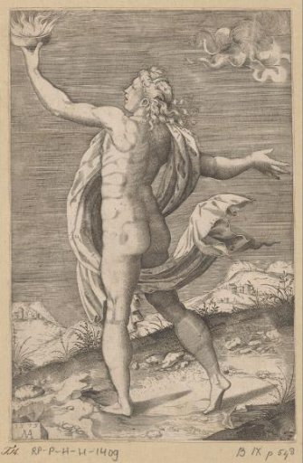 Naked woman with drapery holding up a flaming basin