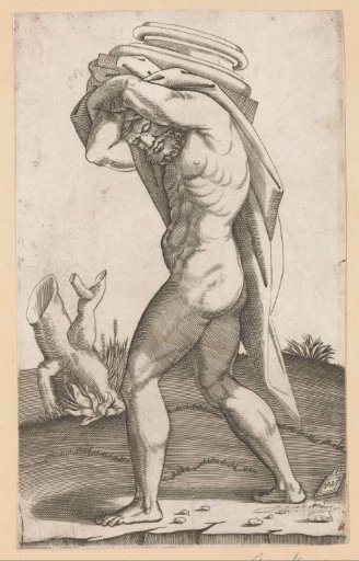 Man carrying the base of a column on his back