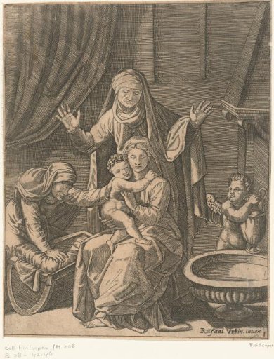 Mary with Child and Saints Anna and Elizabeth by a cradle and an angel with a water jug by a basin with water