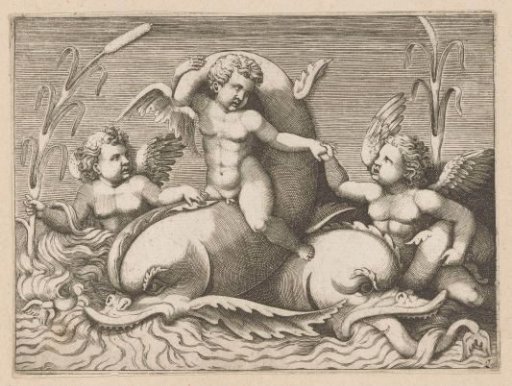 Three putti with dolphins
