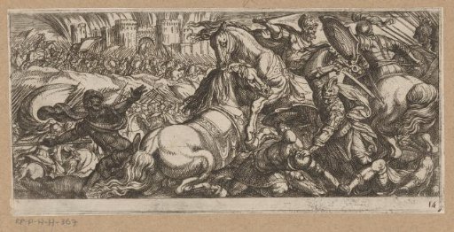 Battle scene with two horses attacking each other