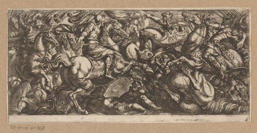 Cavalry attack in which soldiers and horses are trampled