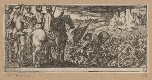 Battle scene with cavalry watching from a hill