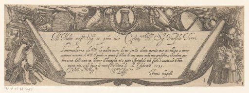 Title page with a scroll containing an inscription, armour and a shield with a tower