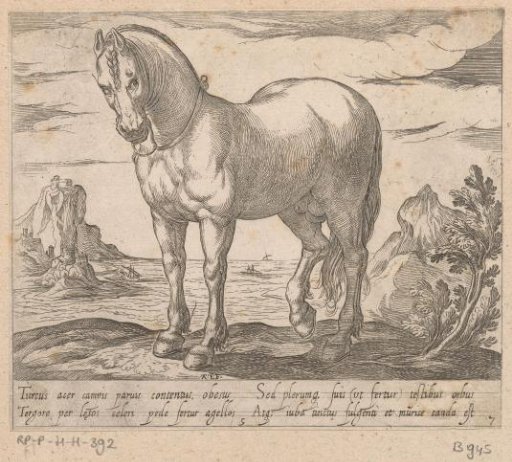 Standing horse turned to the left, before a seascape