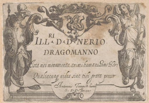 Title page with cartouche containing dedication, flanked by Minerva and Fame