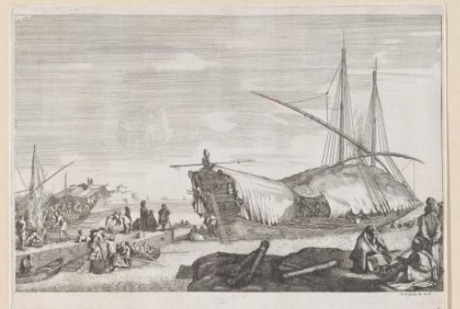 Galley with covered bridge in the harbour of Livorno