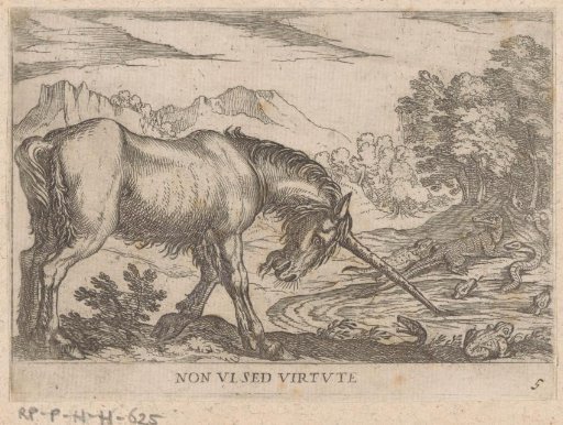 A unicorn chasing lizards out of a pond