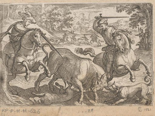 Two men on horseback and dogs killing a bull