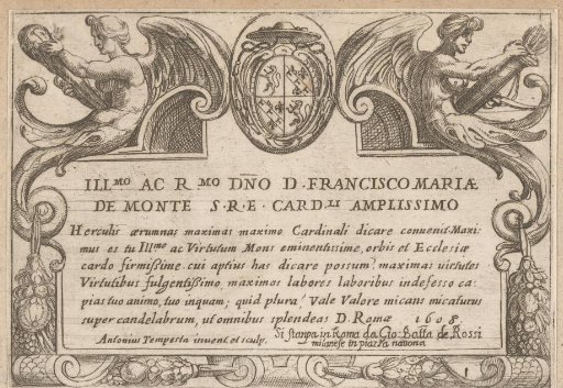 Cartouche with winged figures, garlands and inscription to Cardinal Bourbon del Monte Santa Maria