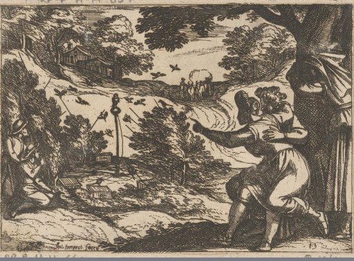 Hunters and ladies watching a bird trap