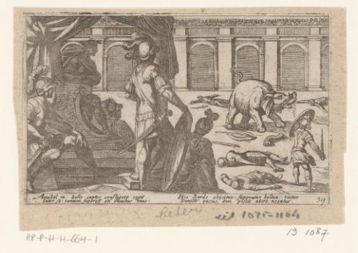 Gladiators fighting with an elephant in an arena