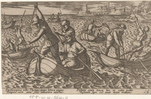 Fishermen catching tuna with spears