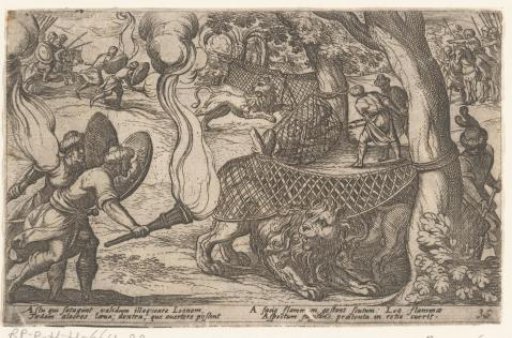 Hunters catching lions