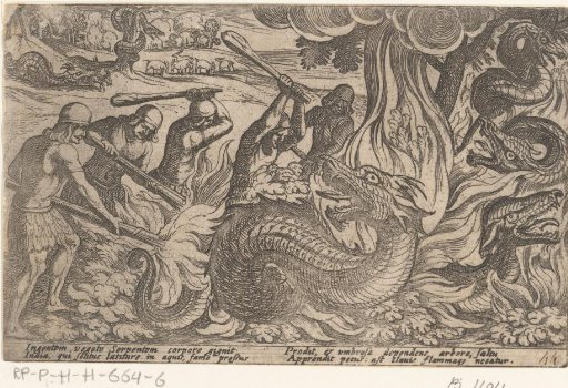 Warriors fighting with giant snakes