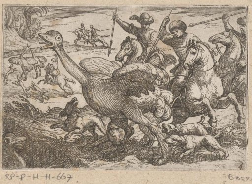 Men and dogs hunting an ostrich