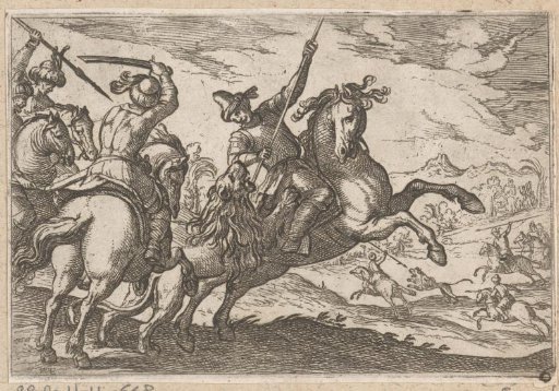 Men on horseback killing a lion