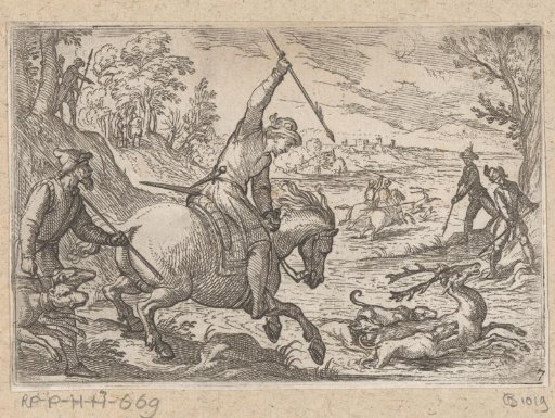 Man on horseback and dogs hunting a stag