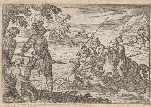 Men and dogs hunting a stag in a river