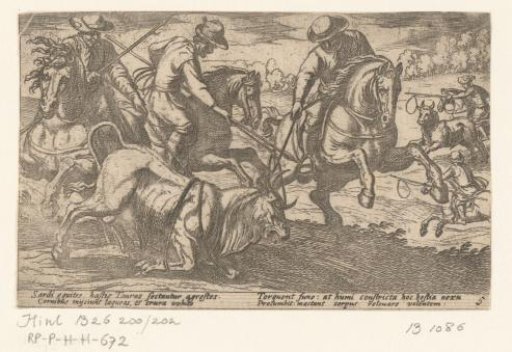 Hunters striking wild oxen in the ropes